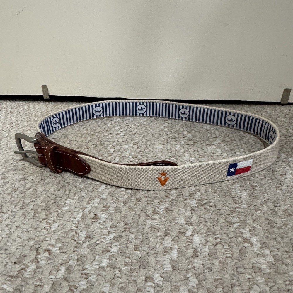 Peter Millar Belt Texas Flag "V*" Mens Size 36 Golf Canvas Beige Leather 1.25"